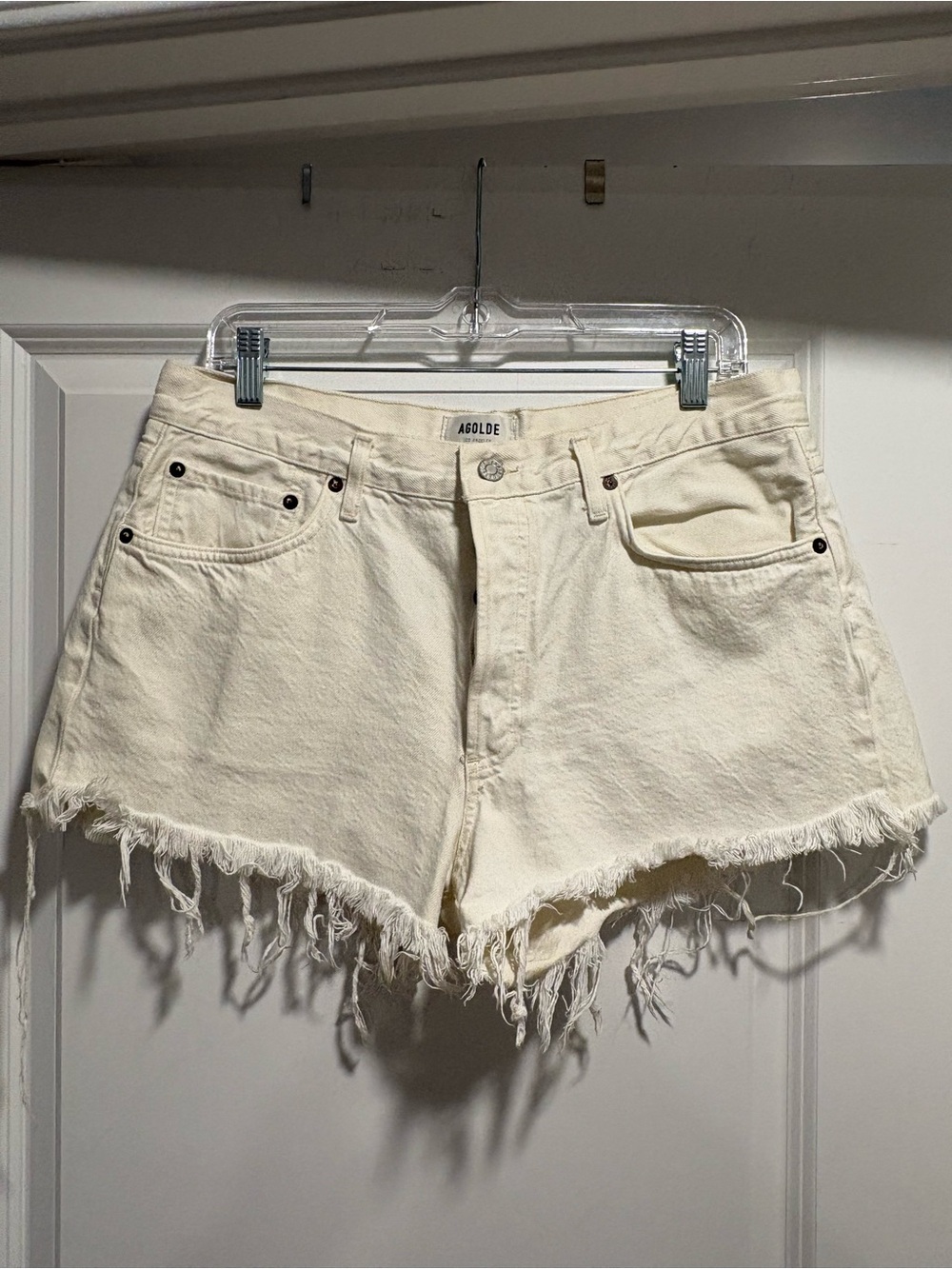 Agolde Off-White Frayed Hem High-Rise Denim Shorts